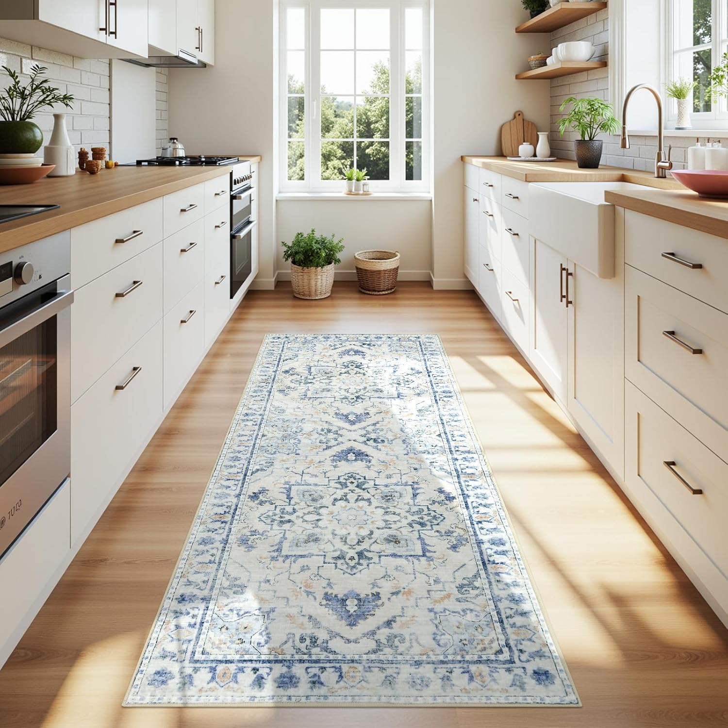 Joydeco Runner Rug 2x5 Non Slip Machine Washable Vintage Hallway Carpet Runner, Low Pile Lightweight Chenille Print Rugs for Entryway, Hallway, Bedroom, Kitchen and Corridor, Blue Grey