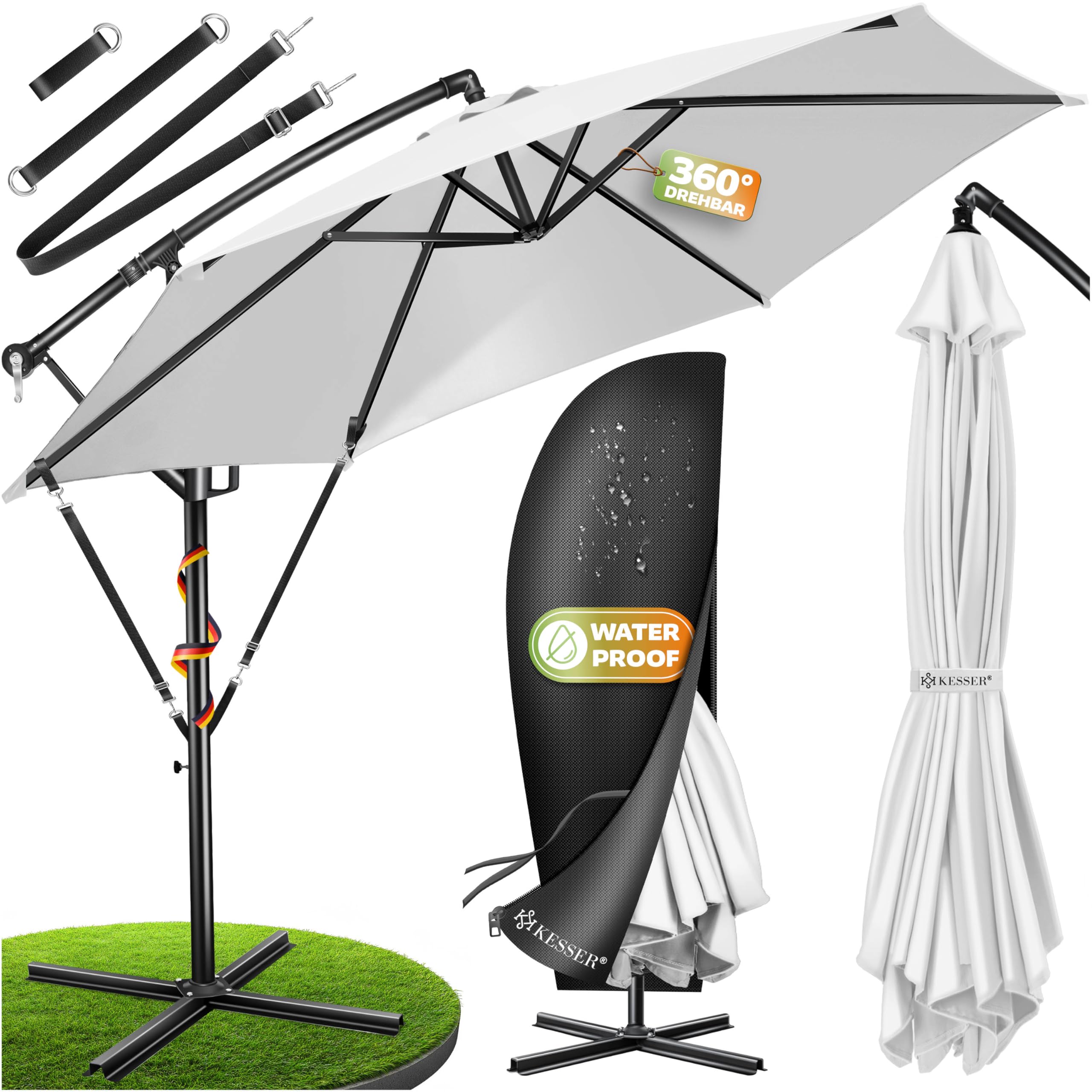 KESSER® Sonnenschirm Ø 350 cm, Ampelschirm mit Kurbel, für Balkon, Terrasse & Garten, Sonnenschutz, Gestell & Ständer aus Alu, UV-Schutz, wasserdicht + Windfest, 360° Funktion + Schutzhülle, Weiss