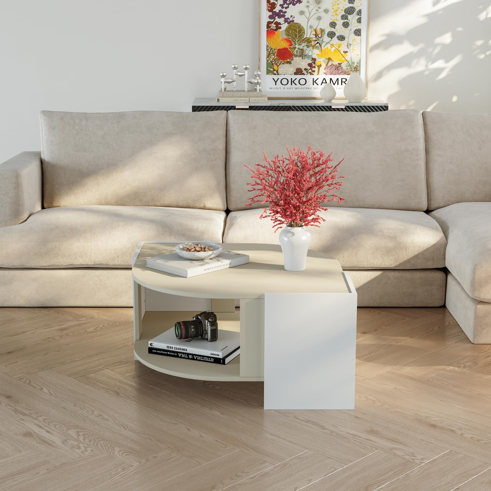[en.casa] Tavolino Centrale da Salotto con Piano Curvo Tavolo Basso da Caffè con Ripiano Vano Aperto per Soggiorno Living Studio 75 x 75 x 40 cm - Bianco/Color Avena Oatmeal