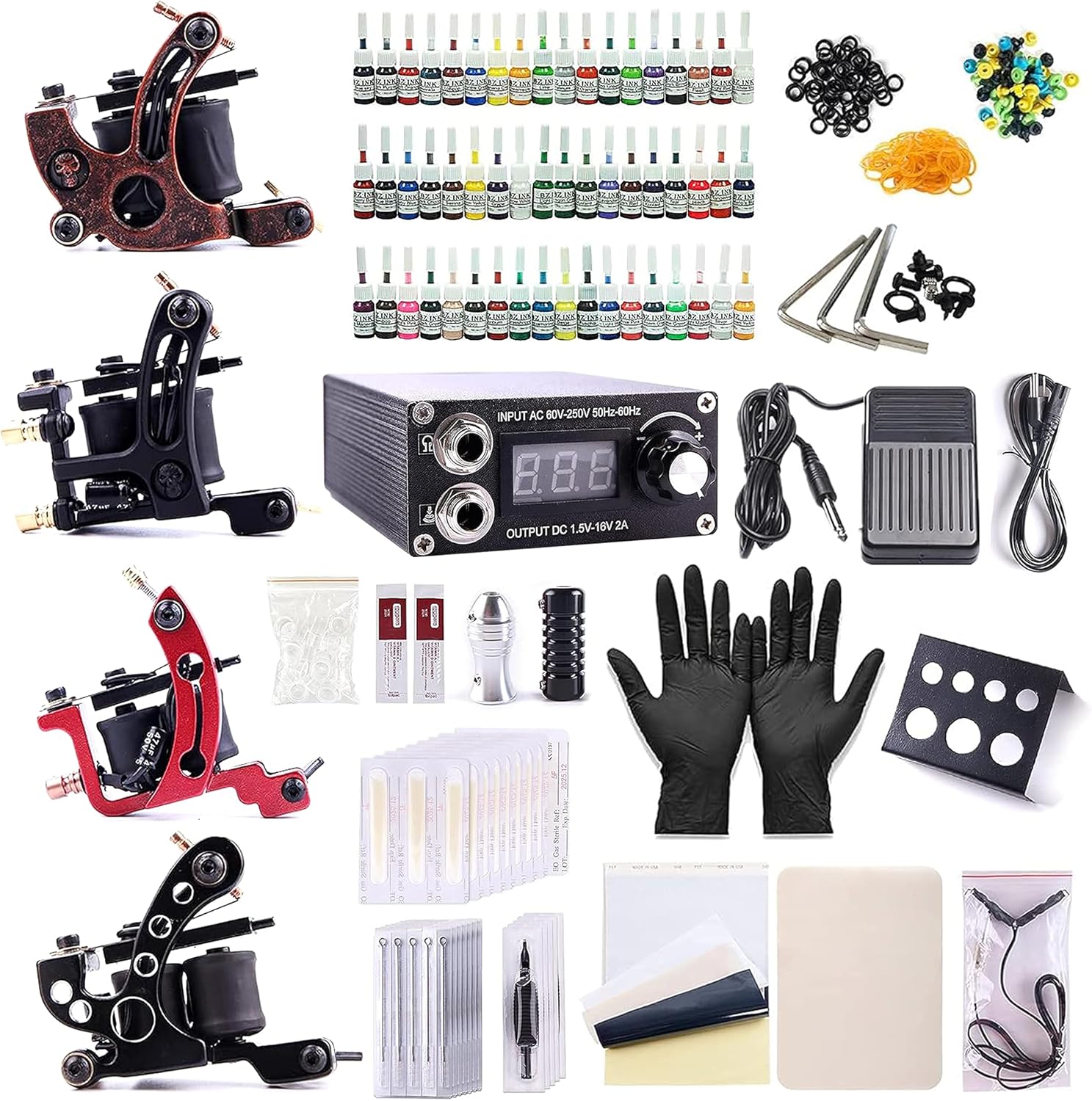 One Tattoo World Complete Tattoo Kit - 4 Tattoo Machines, Digital Power Supply, 54 Color 5ml Tattoo inks, Grips, Needles Transfer Paper, and more- OTW-KTB454