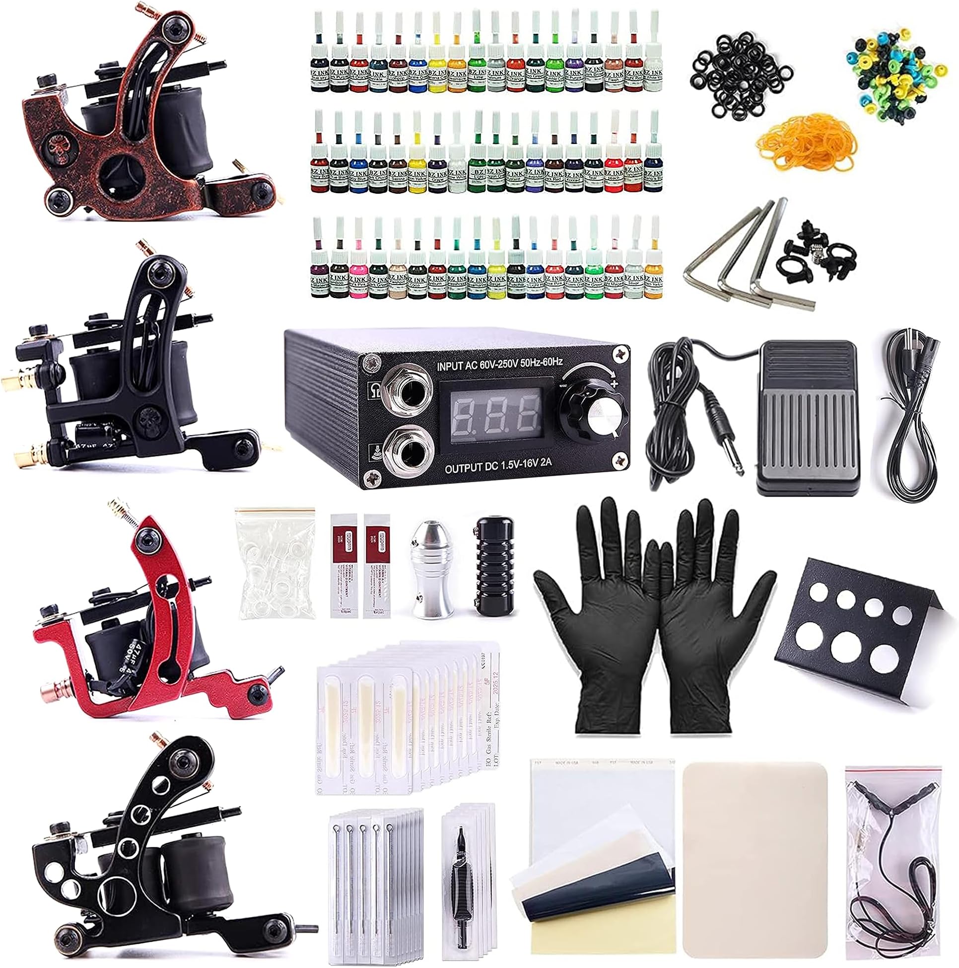 One Tattoo World Complete Tattoo Starter Kit, 4 Tattoo Machines, Digital Power Supply, 54 Color 5ml Tattoo Inks, Grips, Needles, Transfer Paper etc, OTW-KTB454