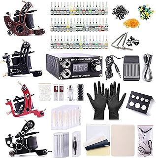 One Tattoo World Complete Tattoo Starter Kit, 4 Tattoo Machines, Digital Power Supply, 54 Color 5ml Tattoo Inks, Grips, Ne...