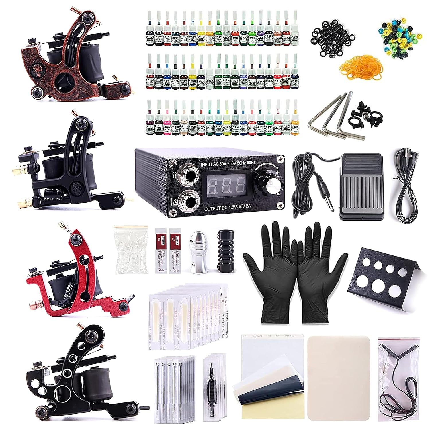 One Tattoo World Complete Tattoo Starter Kit, 4 Tattoo Machines, Digital Power Supply, 54 Color 5ml Tattoo Inks, Grips, Ne...