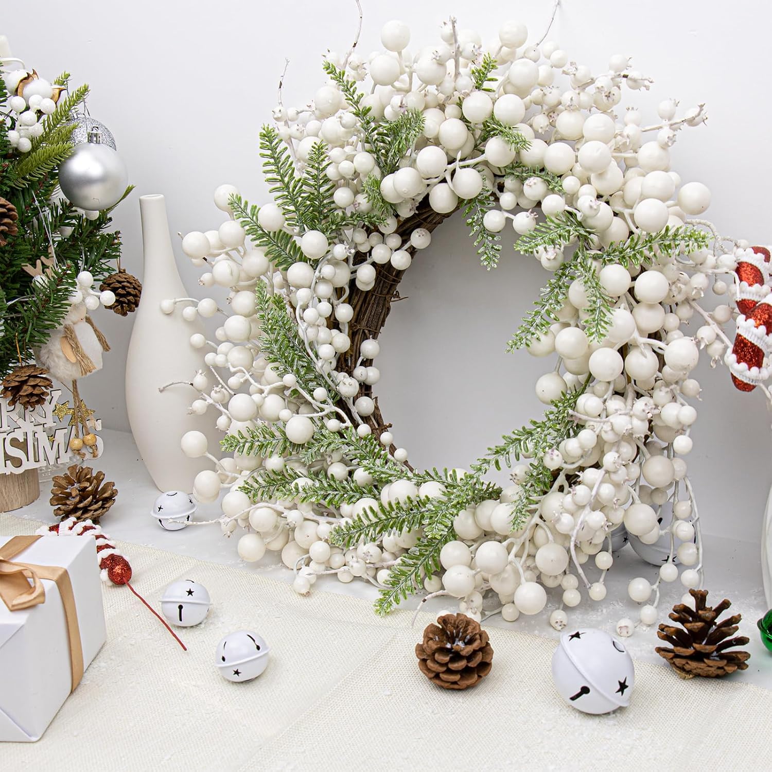 20 Inches White Christmas Wreath Farmhouse Winter Wreath Rustic Winter Wreaths for Front Door with White Berry Fir Pine Needle for Doors Window Indoors Porches Outside - Image 4