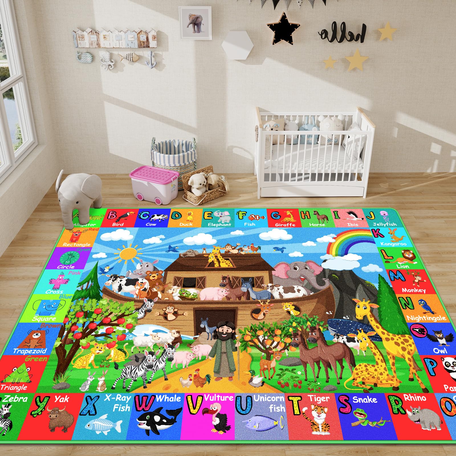 DINSUMRUG ABC Kids Rug for Playroom 78.7×59 in Noah's Ark Animals Rug Baby Play Mat Alphabet Playmat Shape Color Classroom Carpet Kids Playroom Early Learning Carpet for Preschool Toddlers Tummy Time