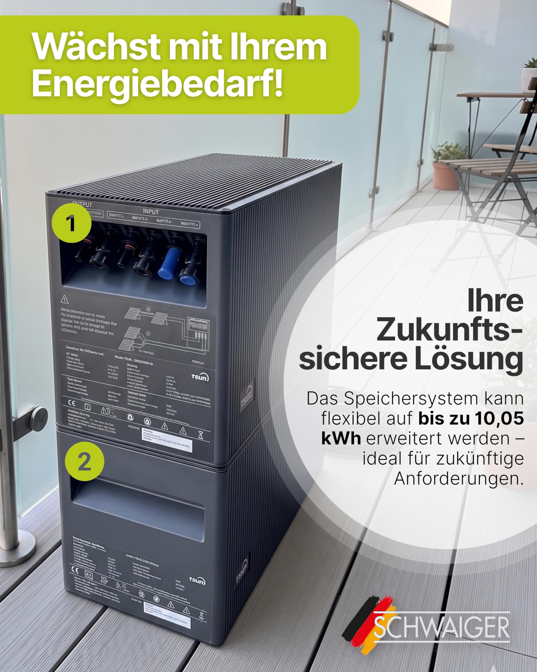 SCHWAIGER Batteriespeicher 2 kWh LiFePO4 Balkonkraftwerk erweiterbar 10,05 kWh IP65 Active Cell-level Control App