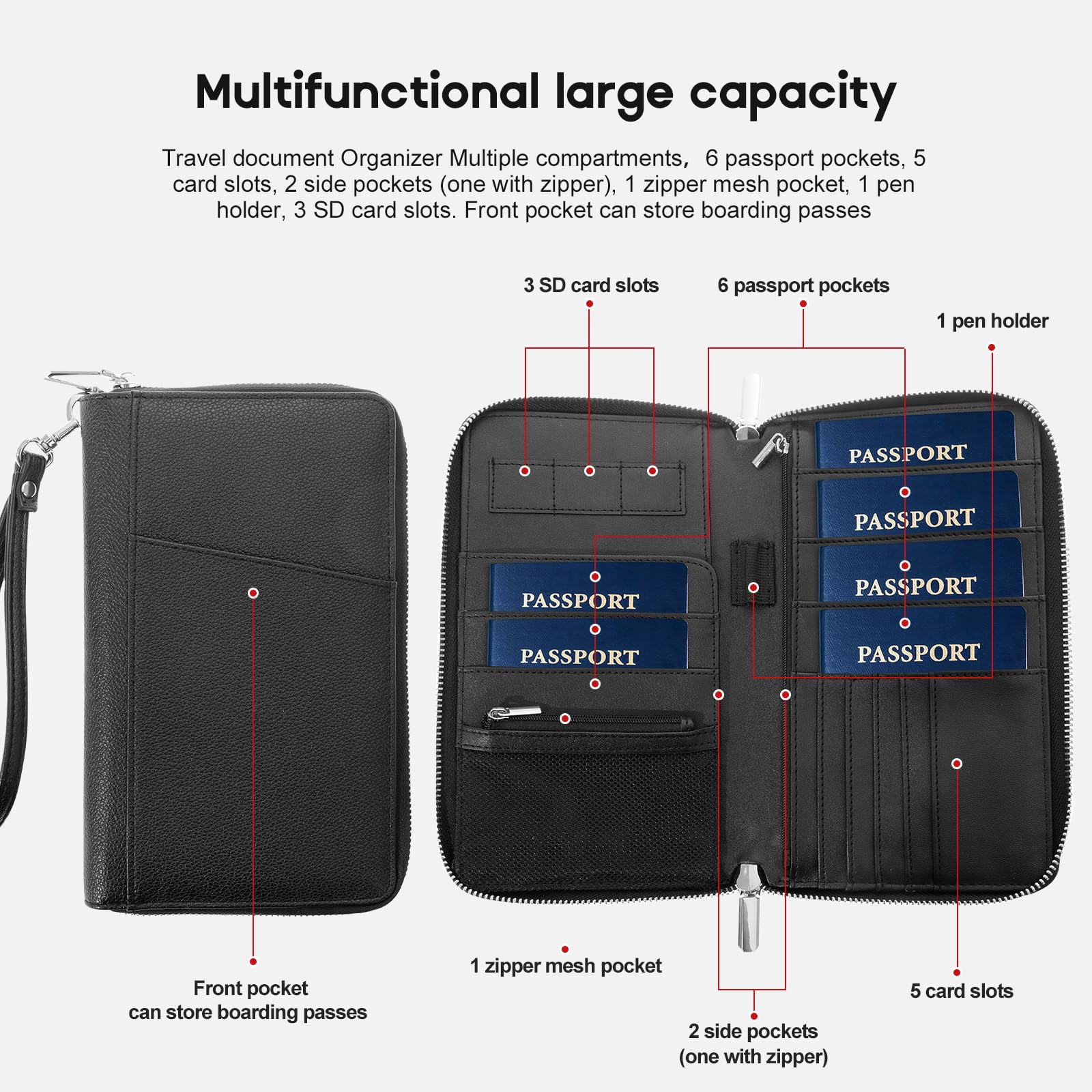 Porta passaporto di famiglia con blocco RFID, organizer per documenti da viaggio in pelle di alta qualità, per donne e uomini, portafoglio da viaggio per carte di credito, nero, compatto