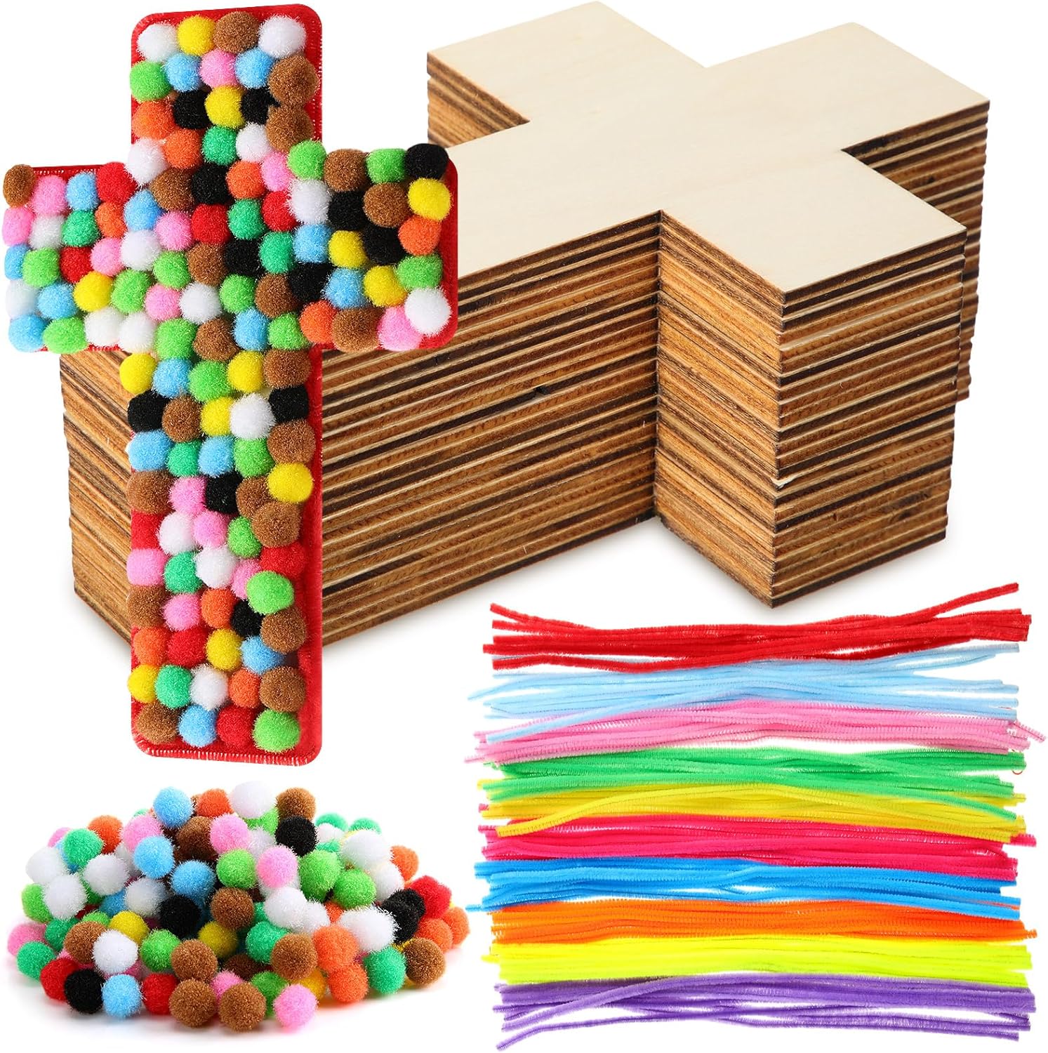 Blueweenly 24 Pcs Easter Wooden Cross Crafts for Kids Sunday School Vacation Bible School Supplies Include Unfinished Wood Cross 100 Pipe Cleaners 200 Pom Poms for Christian DIY Project Activity