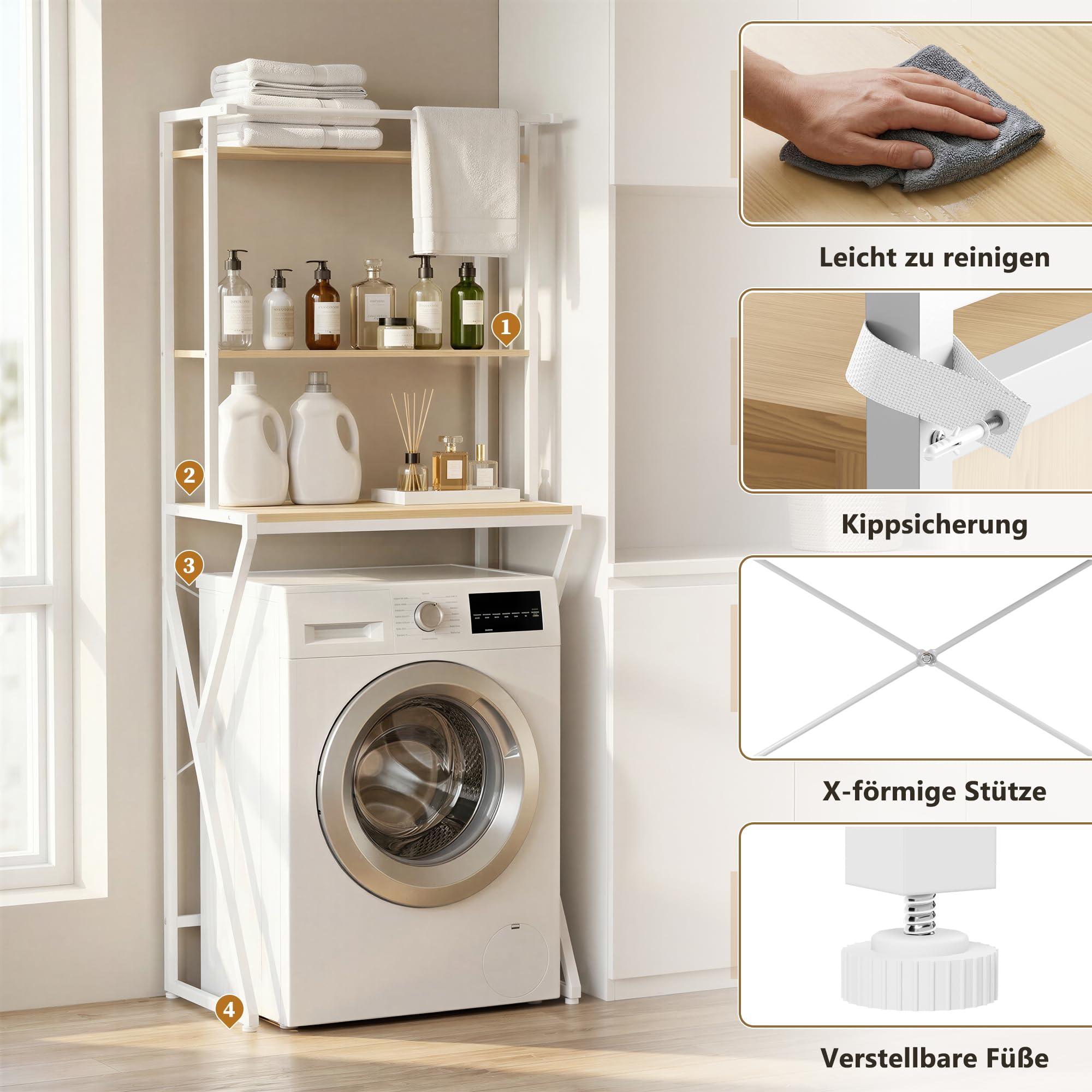 APICIZON Waschmaschinenregal mit Handtuchhalter, Toilettenregal, 3 Tier Waschmaschinenschrank, 67 × 40 × 165 cm, Modedesign, für Badezimmer, Küche, Balkon, Natürlich & Weiß