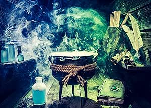 BELECO 2.1x1.5m Fabric Chemistry Laboratory Backdrop Magical Witch Hut With Potions, Scrolls, Books, Blue Green Smoke Background Halloween Lab Party Decorations Mad Science Backdrop Banner Photo