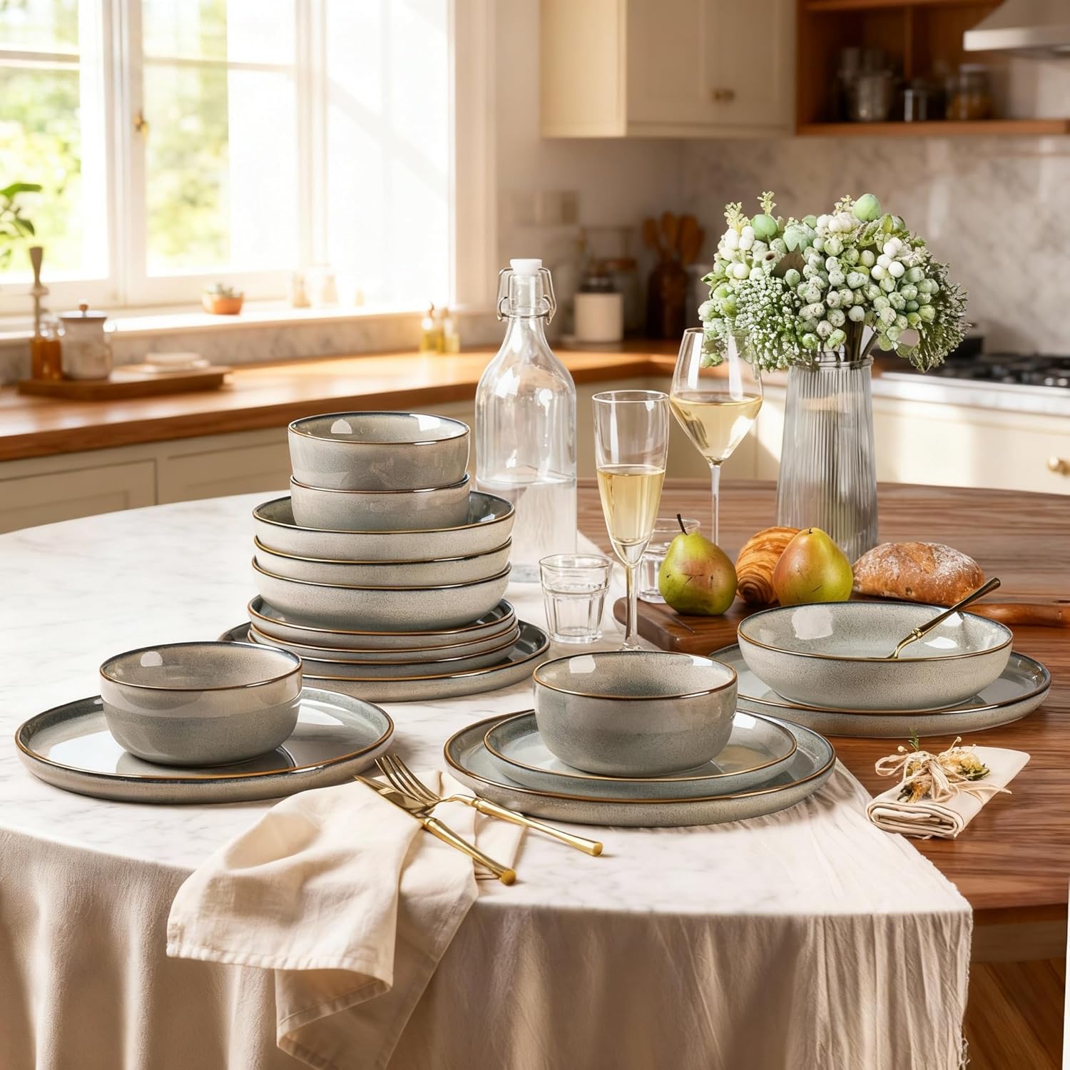 GBHOME Ceramic Dinnerware Sets for 4, 12 Pieces Stoneware Plates and Bowls Sets, Reactive Glaze Dishes -Scratch Resistant, Dishwasher&Microwave Safe, Green Wheat - Image 9