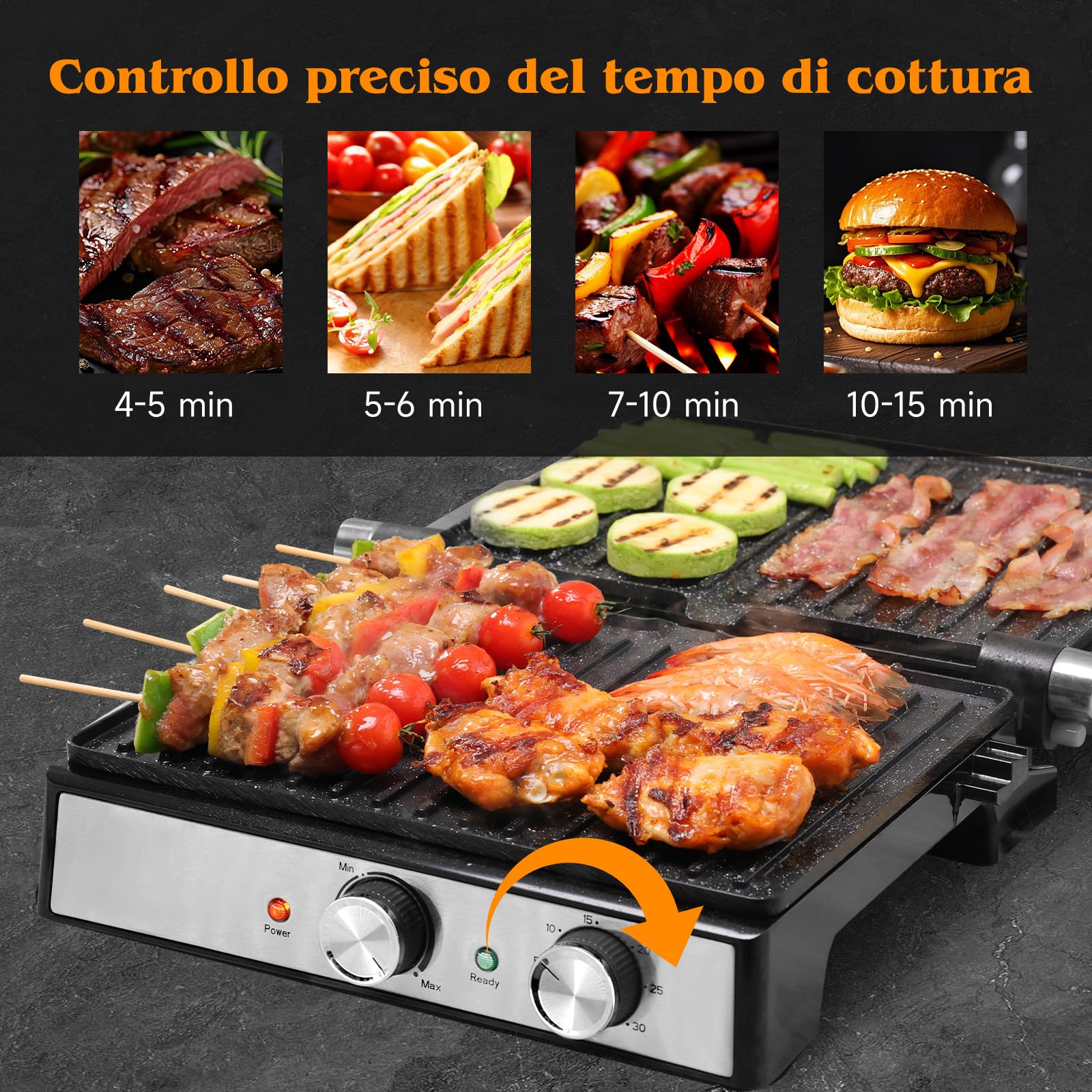 Aigostar Bistecchiera elettrica, Griglia Barbecue XXL, 2000W. Rivestimento antiaderente in ceramica, Timer di 30min, apertura a 180°, superficie di cottura 29 x 23 cm, temperatura regolabile. Roast