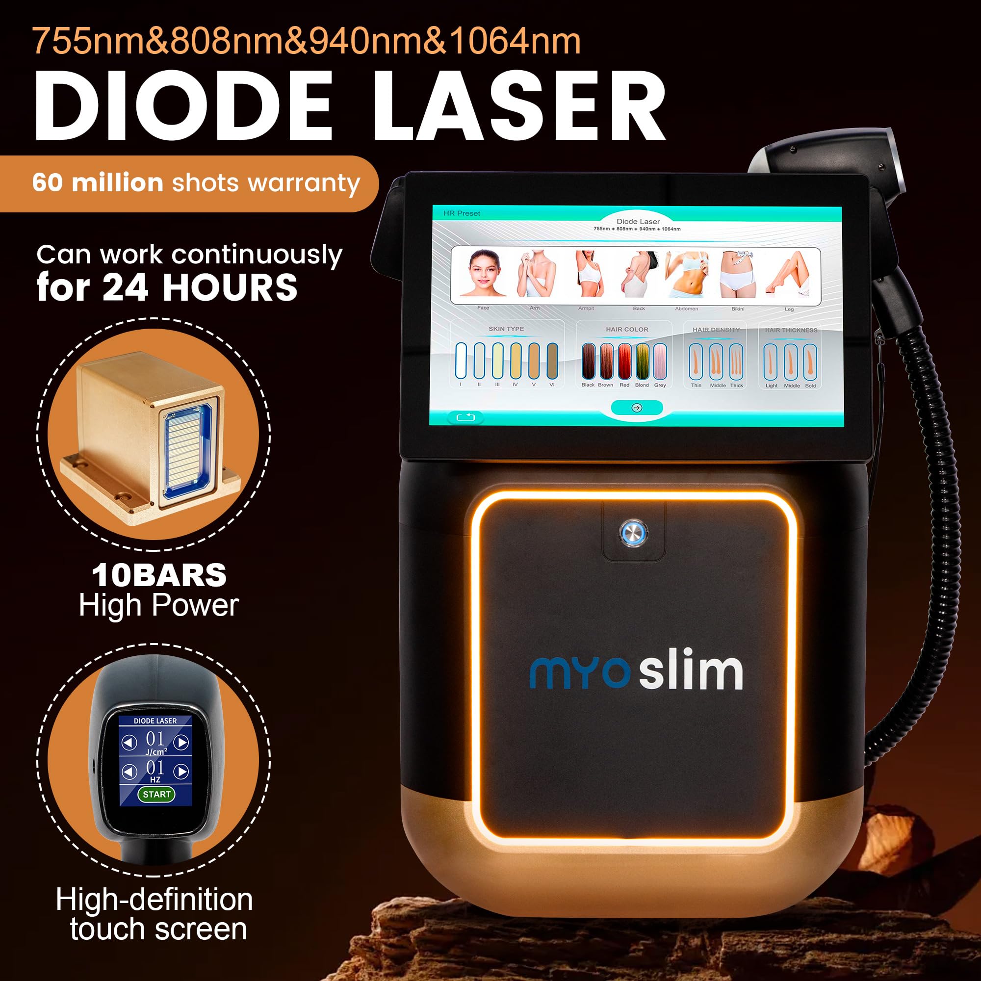 10 barre Apparecchio laser a diodi per la rimozione dei peli 755/808/940/1064 nm | Epilazione indolore adatta a tutto il corpo per uso domestico o professionale Nero e oro
