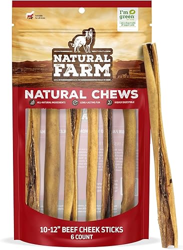 Natural Farm Palitos masticables para mejillas de ternera para perros, 10-12 pulgadas (paquete de 6), 100% natural para mejillas de res de larga