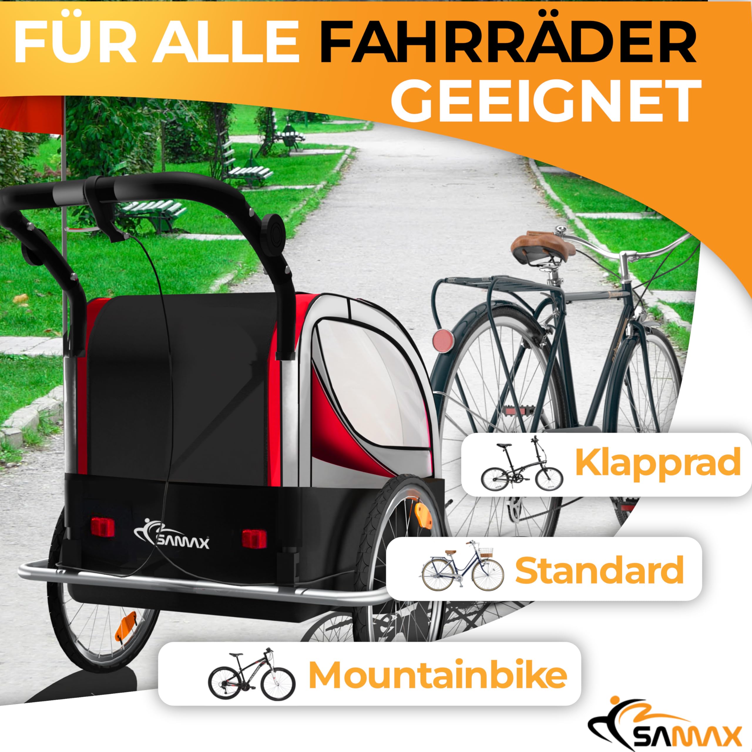 SAMAX Remolque de Bicicleta para Niños 360° girable Kit de Footing Transportín Silla Cochecito Carro Suspensíon Infantil Carro en Rojo - Silver Frame
