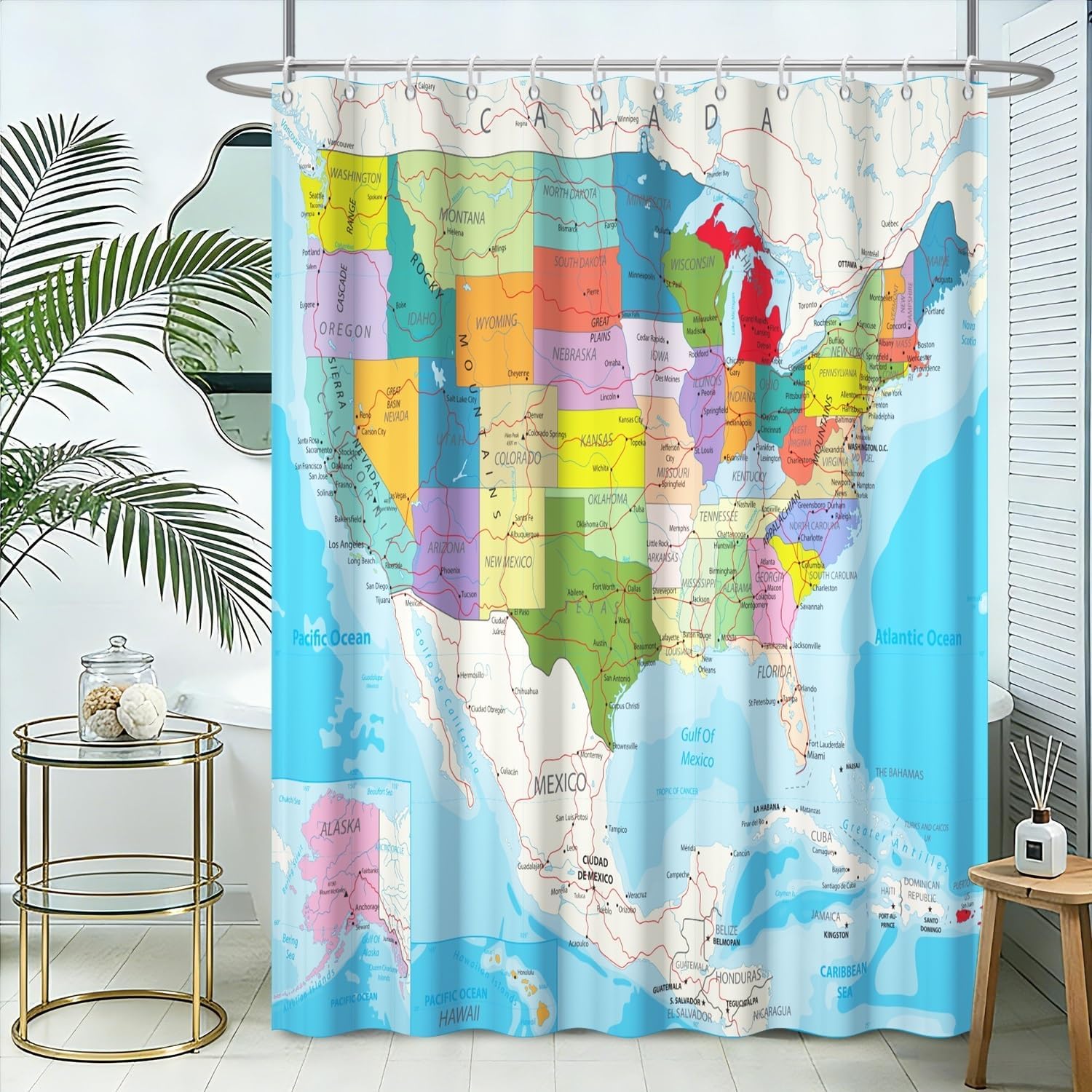 OERJU 72x72inch Colorful World Map Shower Curtain Beautiful Elegant Texture Modern Abstract Art White Base Waterproof Fabric Polyester Bathroom Curtain Bath Accessories Hotel Quality with Hooks