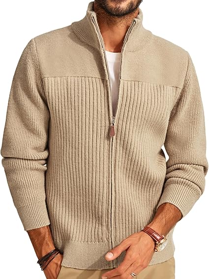 PJ PAUL JONES Men's Full Zipper Cardigan Casual Stand Collar Cardigan Sweater Ribbed Knit Long Sleeve Sweater