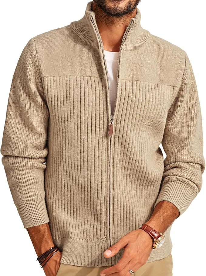 PJ PAUL JONES Men's Full Zipper Cardigan Casual Stand Collar Cardigan Sweater Ribbed Knit Long Sleeve Sweater