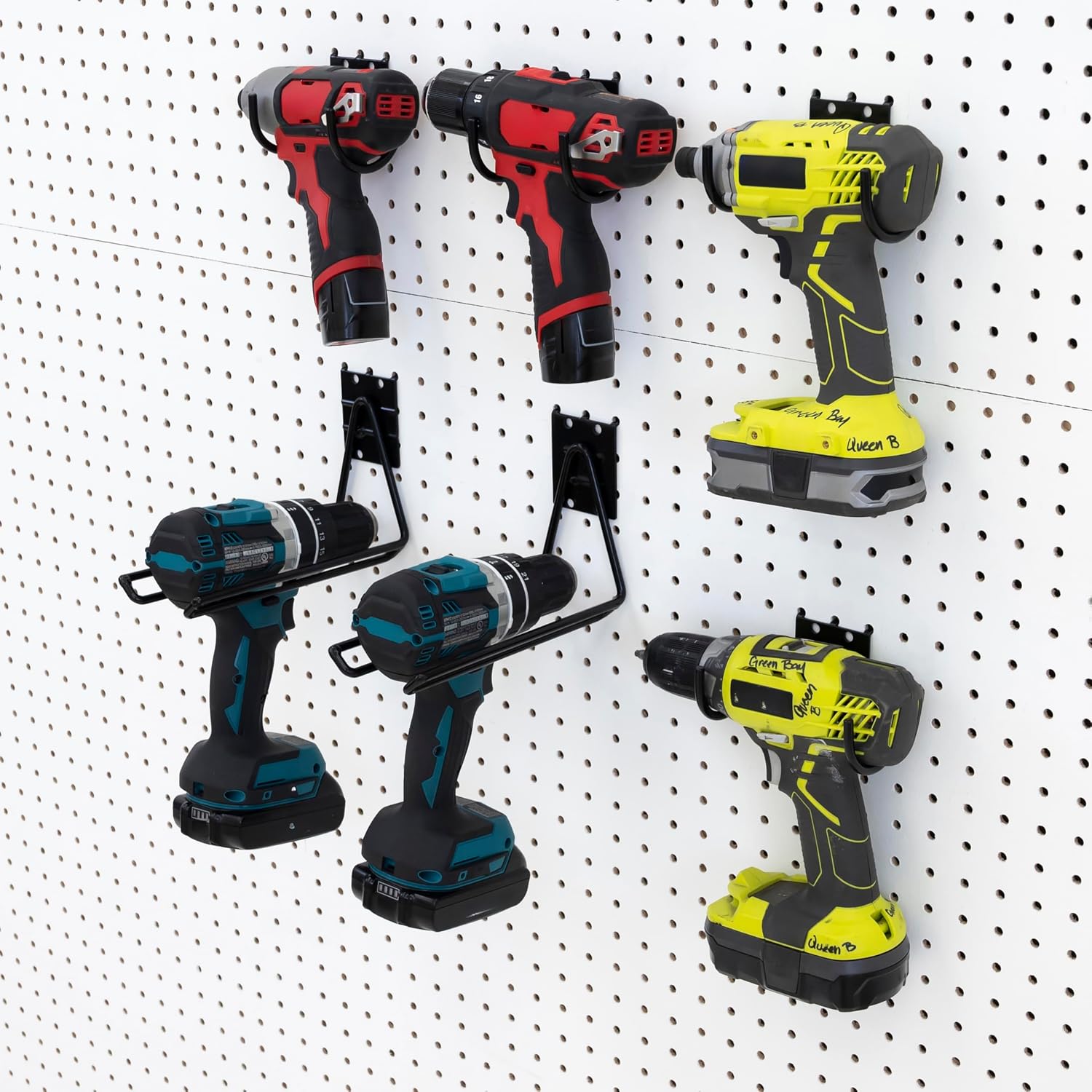 Heavy-Duty Drill-Hook Garage Utility Variety Pack fits both Slatwall and Pegboard, Incl: Two Impact Drill Hooks, Two Large Drill Hooks, Two Front Facing Drill/Garden-Tool Hooks