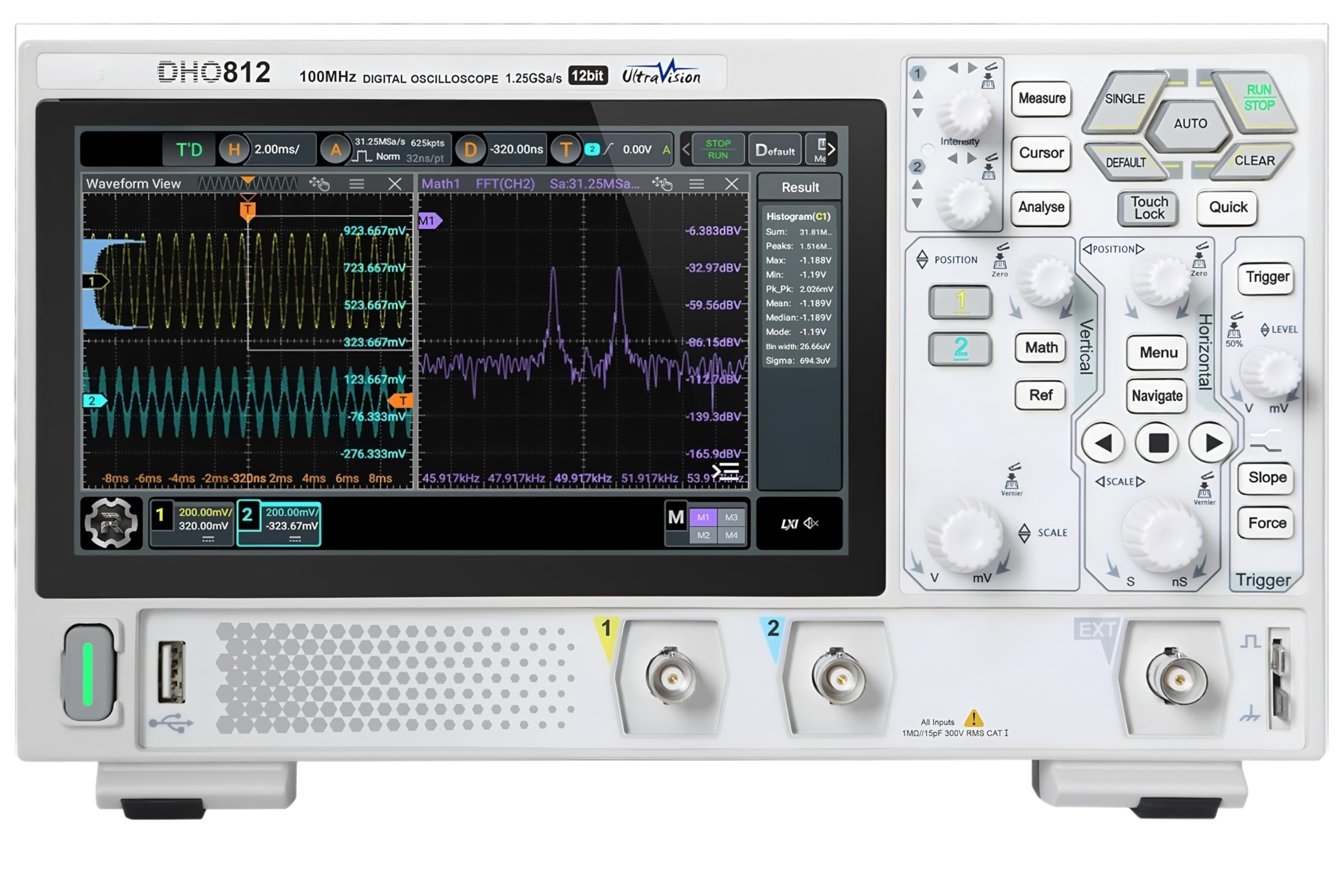 Oscilloscopio a 2 canali con larghezza di banda 100 MHz, frequenza di campionamento 1.25 GSa/s, convertitore A/D a 12 bit, profondità di memoria 25 Mpts e display touch da 17(DHO812)