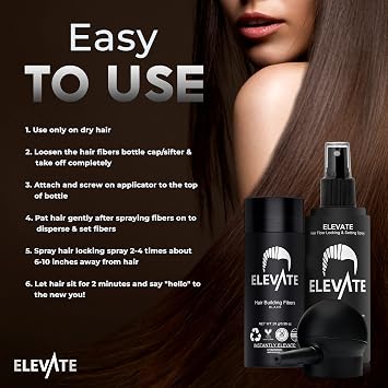 ELEVATE Hair Perfecting 3-in-1 Kit Includes Natural Hair Thickening Fibers & Spray Applicator Pump Nozzle & Locking Setting Hold Spray | Instantly Conceal Balding and Thinning Areas (Black)