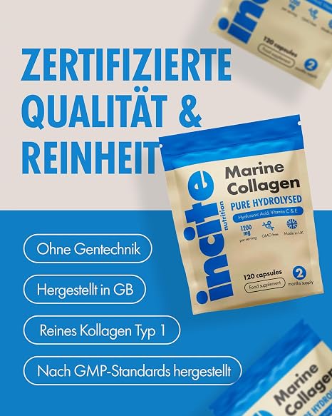 Incite Nutrition Marine Collagen Pure High Quality Hydrolysed Marine Collagen Type 1 with Vitamins C E B12 Copper Zinc and Iodine for Men and Women 1200mg Pack of 120 (Pack of 1)