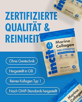 Incite Nutrition Marine Collagen Pure High Quality Hydrolysed Marine Collagen Type 1 with Vitamins C E B12 Copper Zinc and Iodine for Men and Women 1200mg Pack of 120 (Pack of 1)