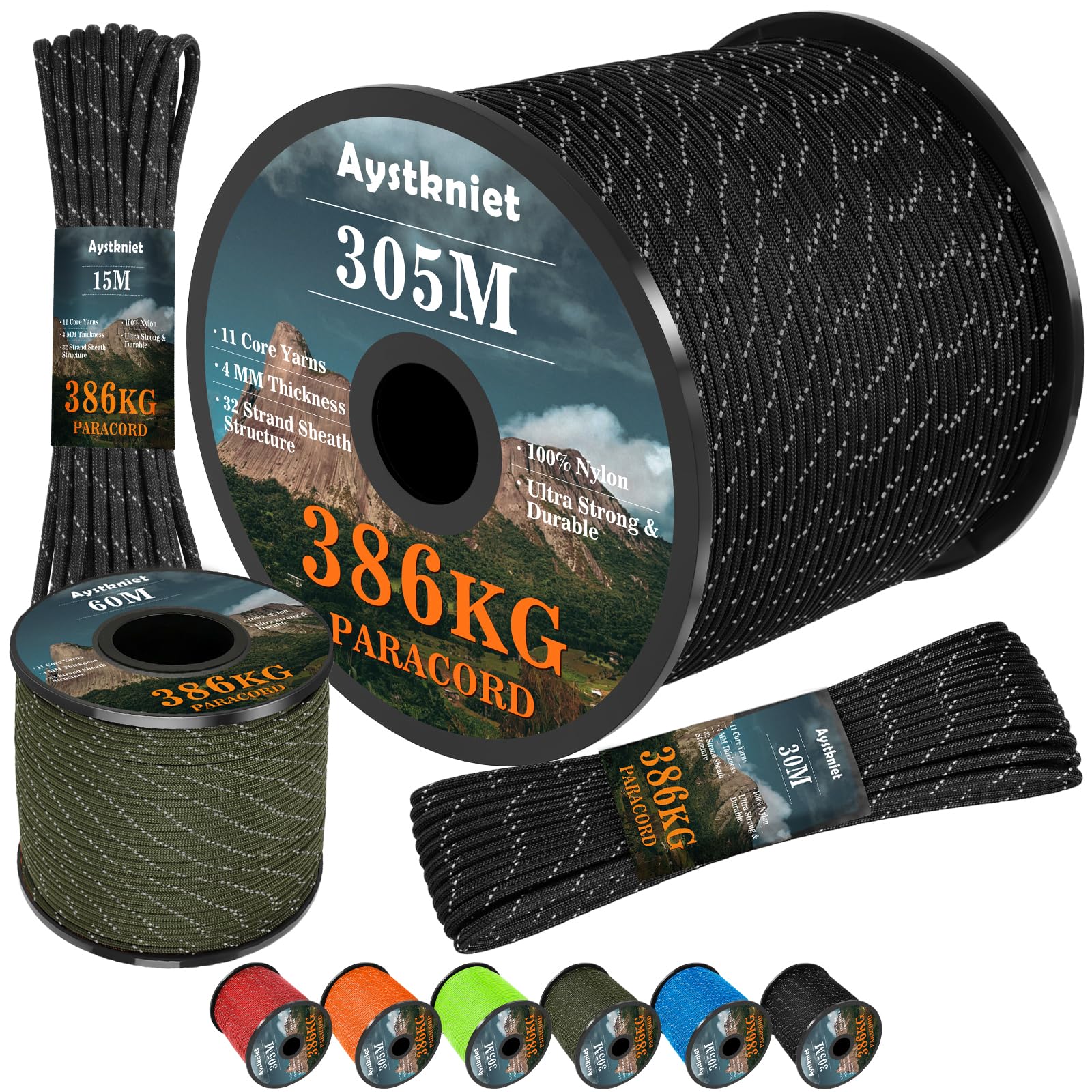 Aystkniet Reflective Paracord 850lbs, 4MM Rope, 11 Strands Outdoor Para Cord, Utility Parachute Cord Tactical Cord for Camping Hiking Survival Crafting DIY, 305M Black