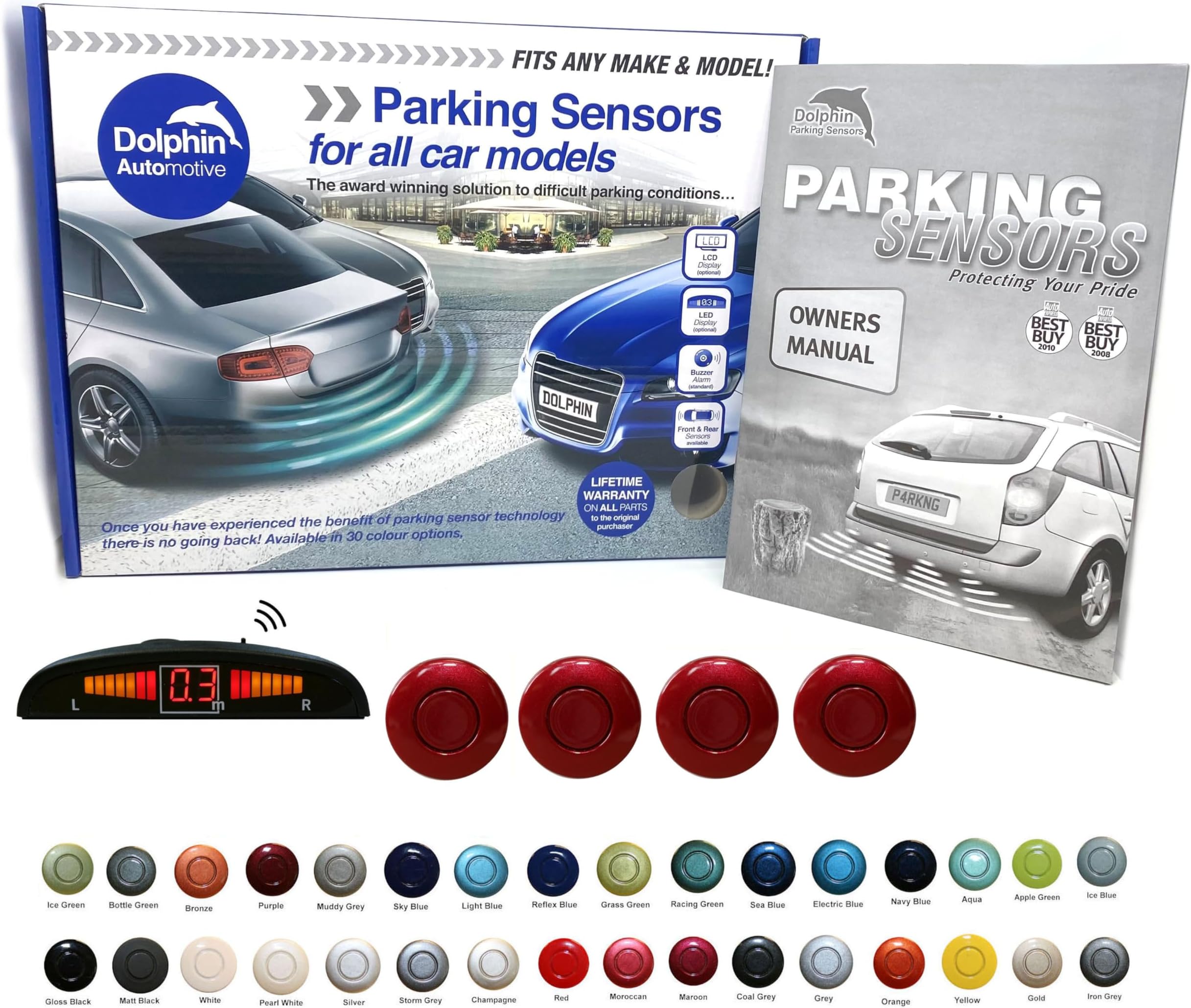 Dolphin Automotive DPS450 Reverse Parking Sensors In 32 Colours 4 Ultrasonic Radar Sensors Kit Audio & Display Alert System - Maroon