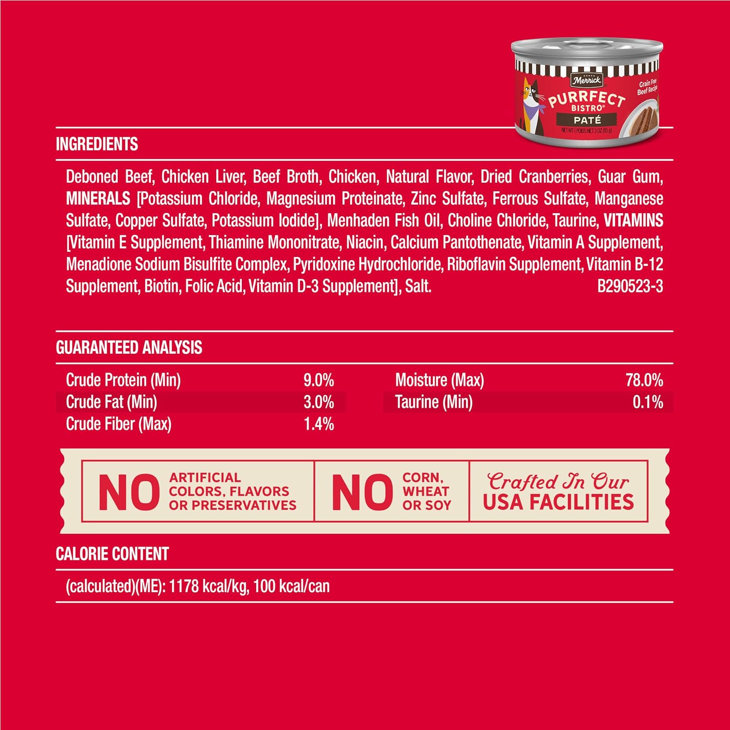 Merrick Purrfect Bistro Grain Free Premium Soft Canned Pate Adult Wet Cat Food, High Protein Beef Recipe - (Pack of 24) 3 oz. Cans