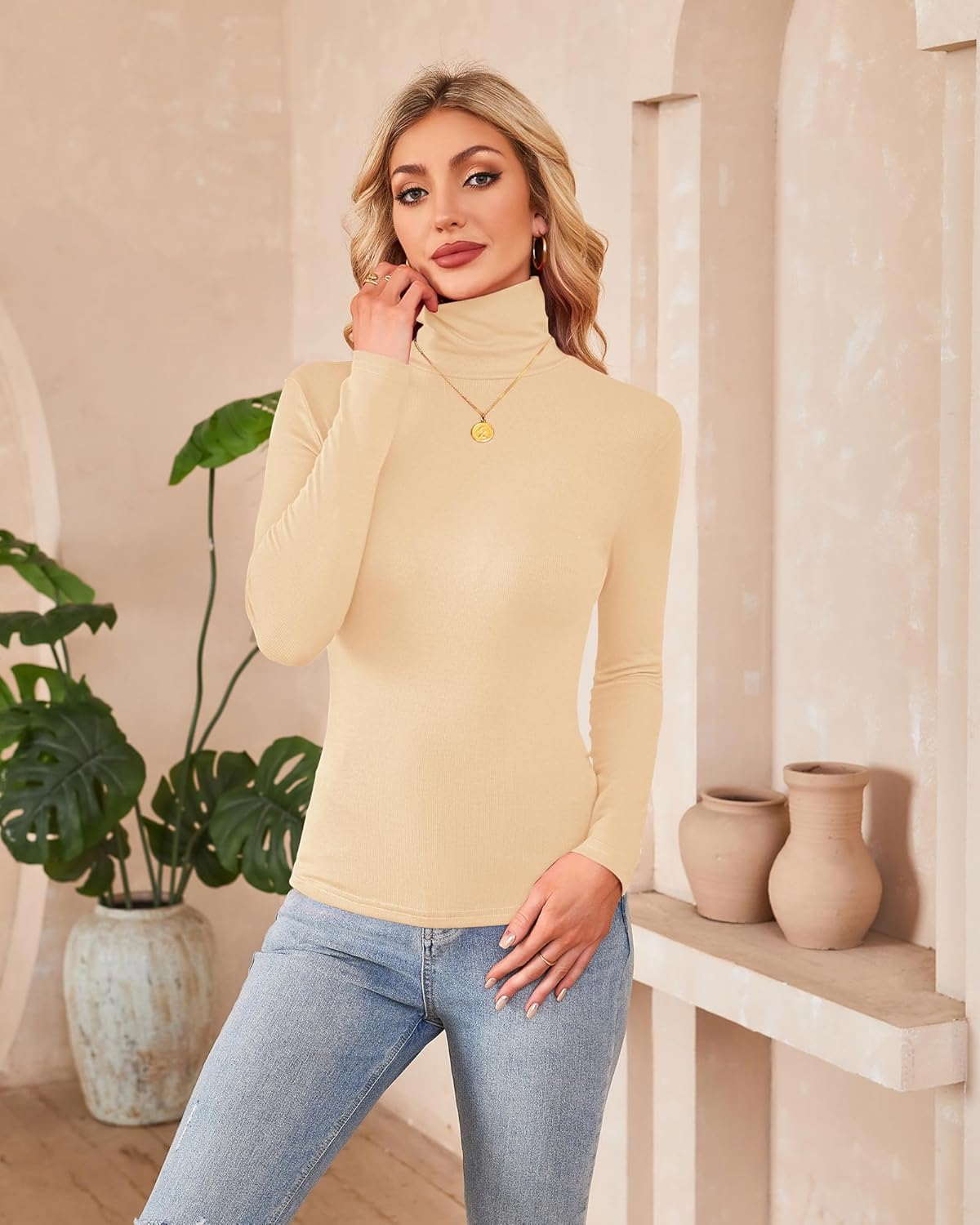 Herou 2 Pack Womens Long Sleeve Turtleneck Slim Fitted Lightweight Casual Active Layer Tops Shirts - Image 2