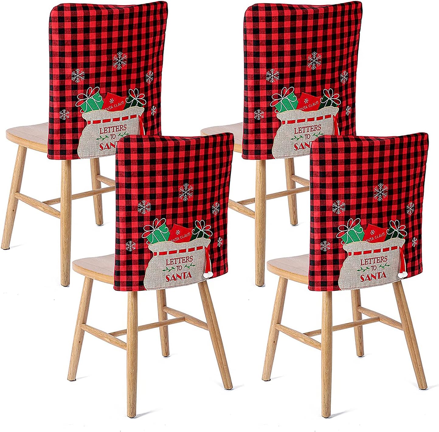 Chair Covers, 4 Pcs 19.7x18.1inch Christmas Chair Covers Xmas Chair Black and Red Plaid Back Cover with Gift Bag Dining Room Chair Covers for Hotel Wedding Party Christmas Decor, Black Red