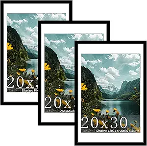 Picrit 20x30 Frame 3 Pack, Black Poster Frame, Display Poster 18 x 24 with Mat or 20 x 30 without Mat for Horizontal or Vertical Wall Mounting