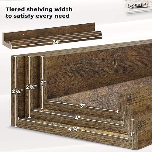 Miniatura 3 de Icona Bay Estantes flotantes de 24 pulgadas para pared, juego de 3 en color marrón nogal, estilo rústico moderno, estantes de exhibición montados