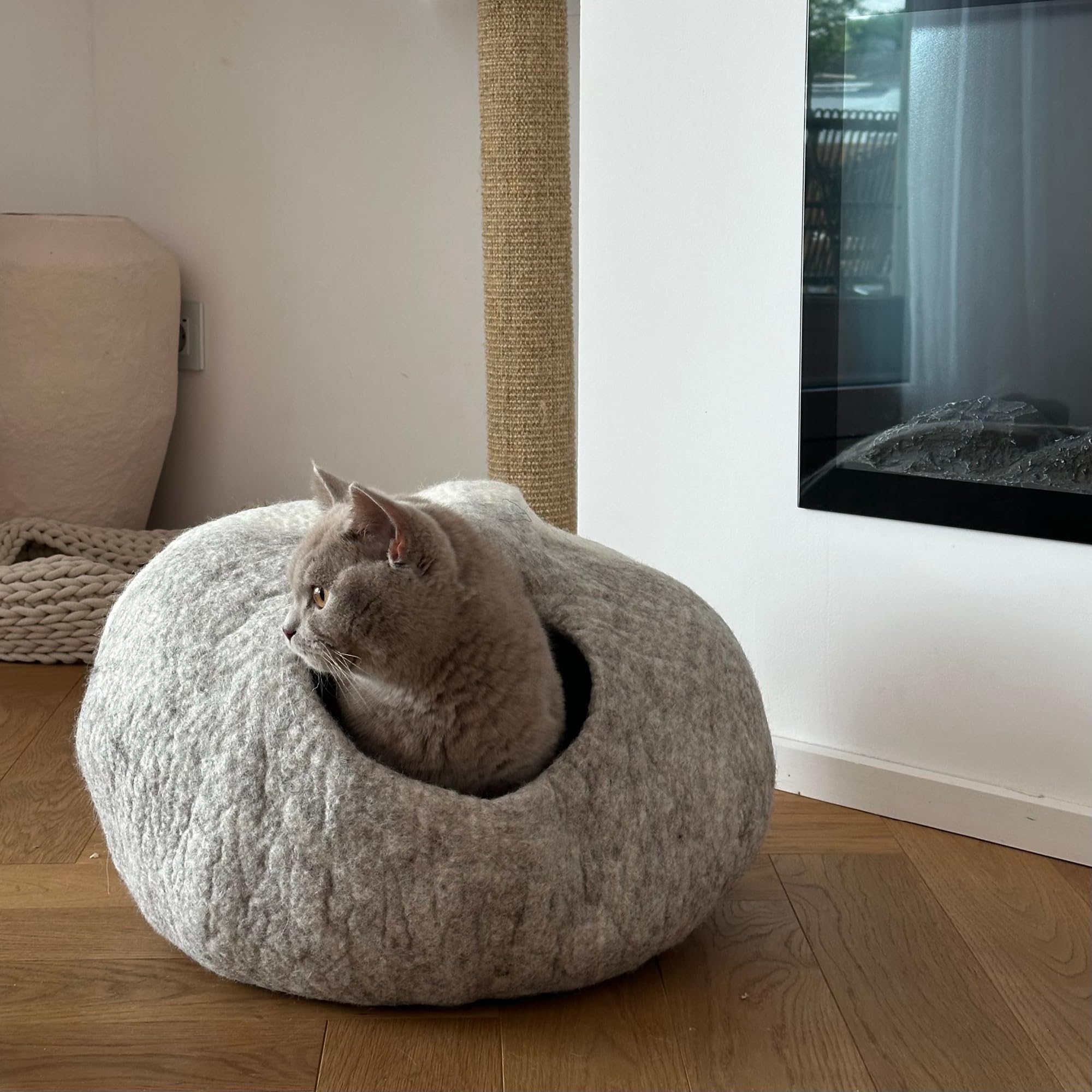 LucyBalu® Grotte lit pour Chat en Laine Naturelle I Gris Clair
