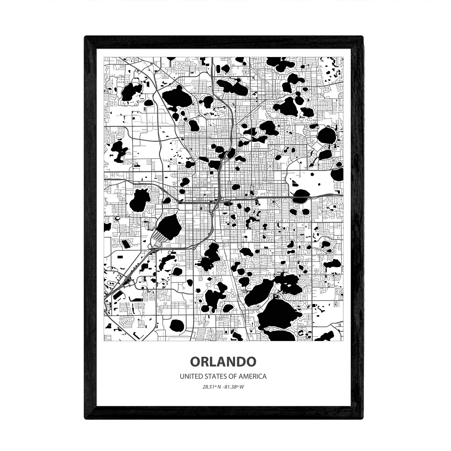 Nacnic Poster with map of Orlando - USA. Sheets US cities with seas and rivers in black color. A3 size