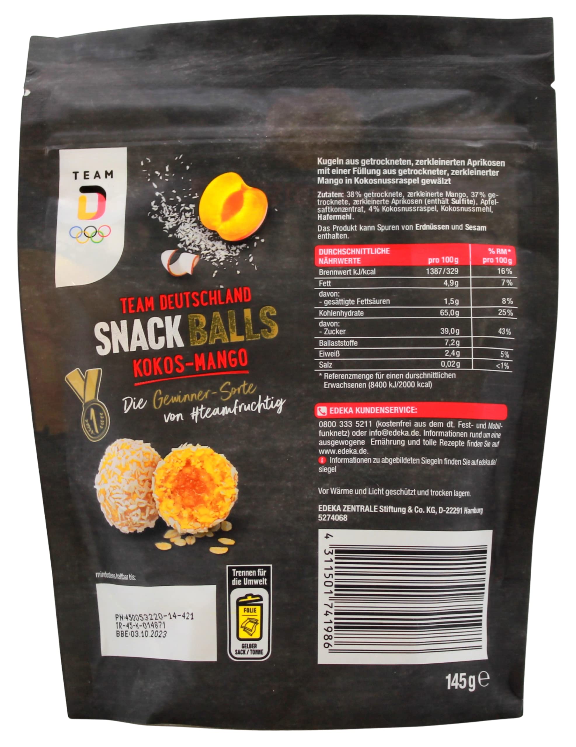 Edeka Snack Balls Team Deutschland Kokos-Mango, 5er Pack (5 x 145g)