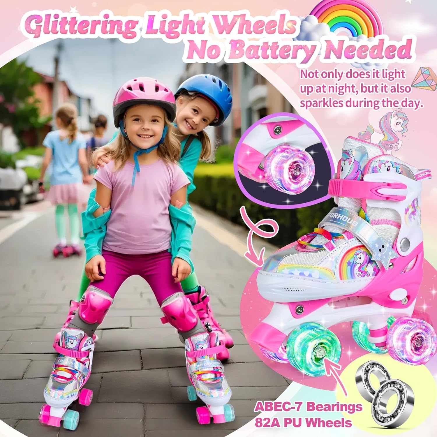 Rainbow Kids Roller Skates for Girls Boys 4 Size Adjustable Roller Shoes for Girls with Luminous Wheels Light-up Kids Rollerskate Birthday Gift for Beginner Outdoor Indoor Sports