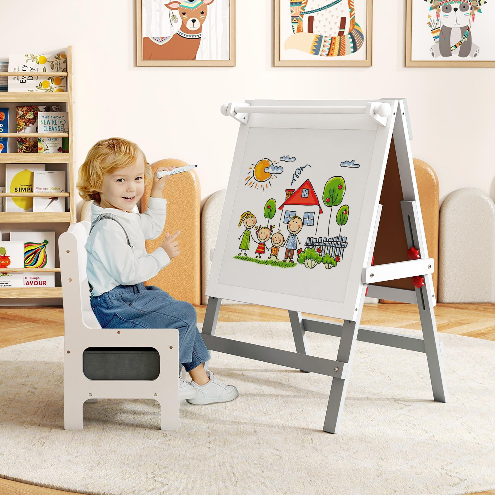 COSTWAY Kinder Staffelei mit Stuhl, höhenverstellbare Kindertafel mit Kreidetafel & Whiteboard, Doppelseitige Spiel-Tafel mit Magnetleisten & Stoff-Aufbewahrungskorb, für Kinder ab 3 Jahren (Grau)