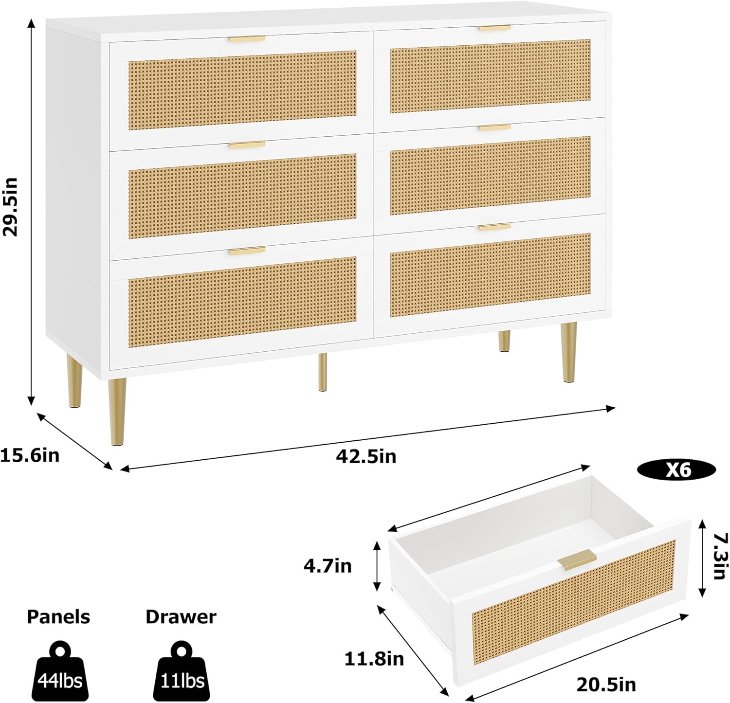 GAOMON Rattan 6 Drawer Dresser, 42.5'' Modern Chest of Drawers with Gold Legs and Handles, Boho Wide Double Dresser with Large Tabletop and Anti-Tipping Design for Bedroom, Living Room, White