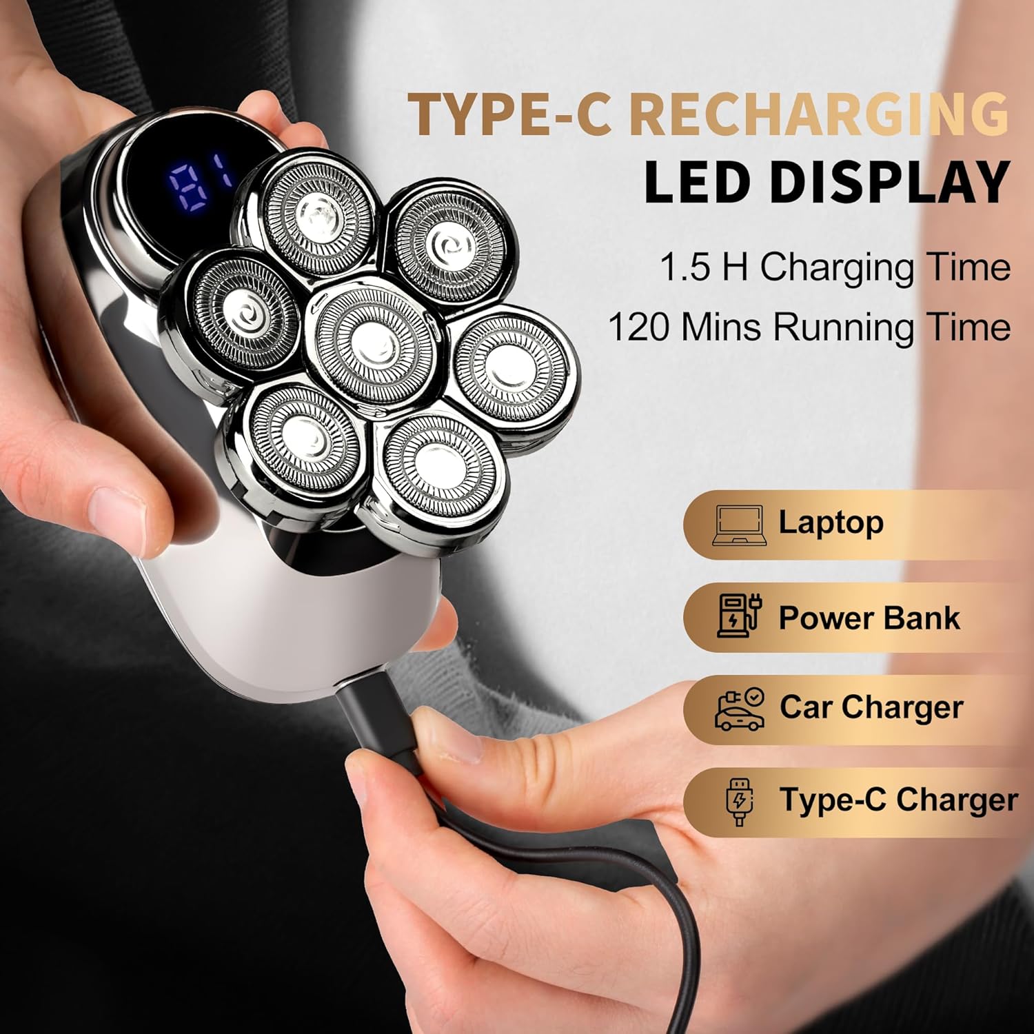 5-in-1 Electric Head Shaver for Bald Men in Gunmetal with LED Display, IPX7 Waterproof Grooming Kit, Turbo Speed Rotary Razor with Precision Blades for Wet & Dry Use