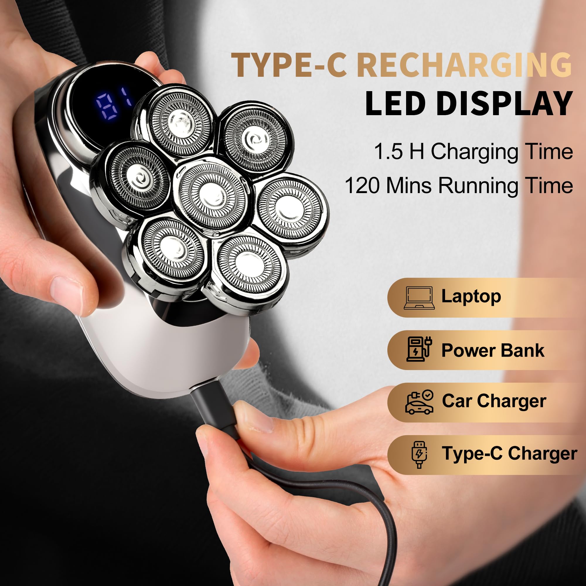 5-in-1 Electric Head Shaver for Bald Men, Waterproof Rotary Grooming Kit
