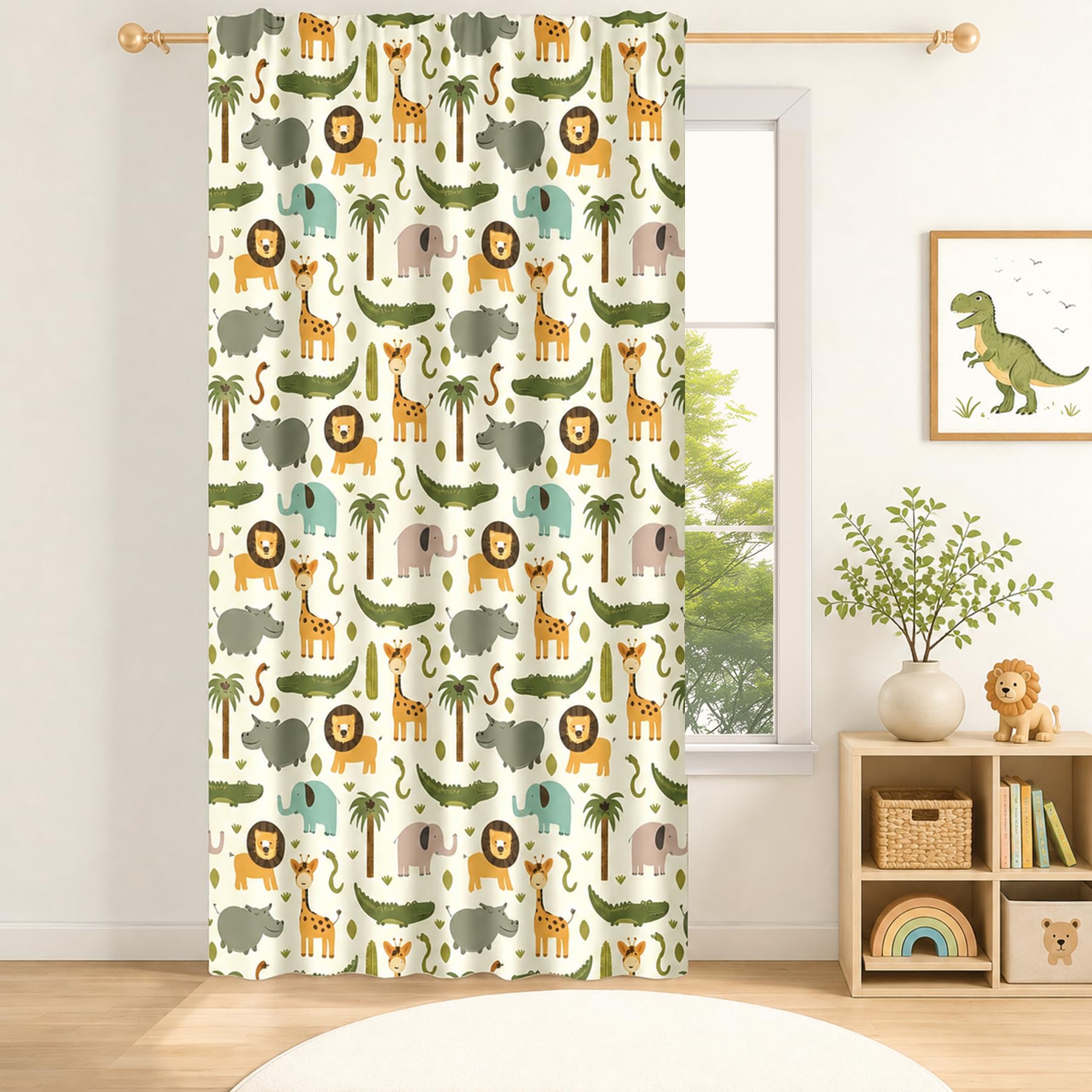 Cortinas infantiles de animales safari con bolsillo para varilla de 107x160cm