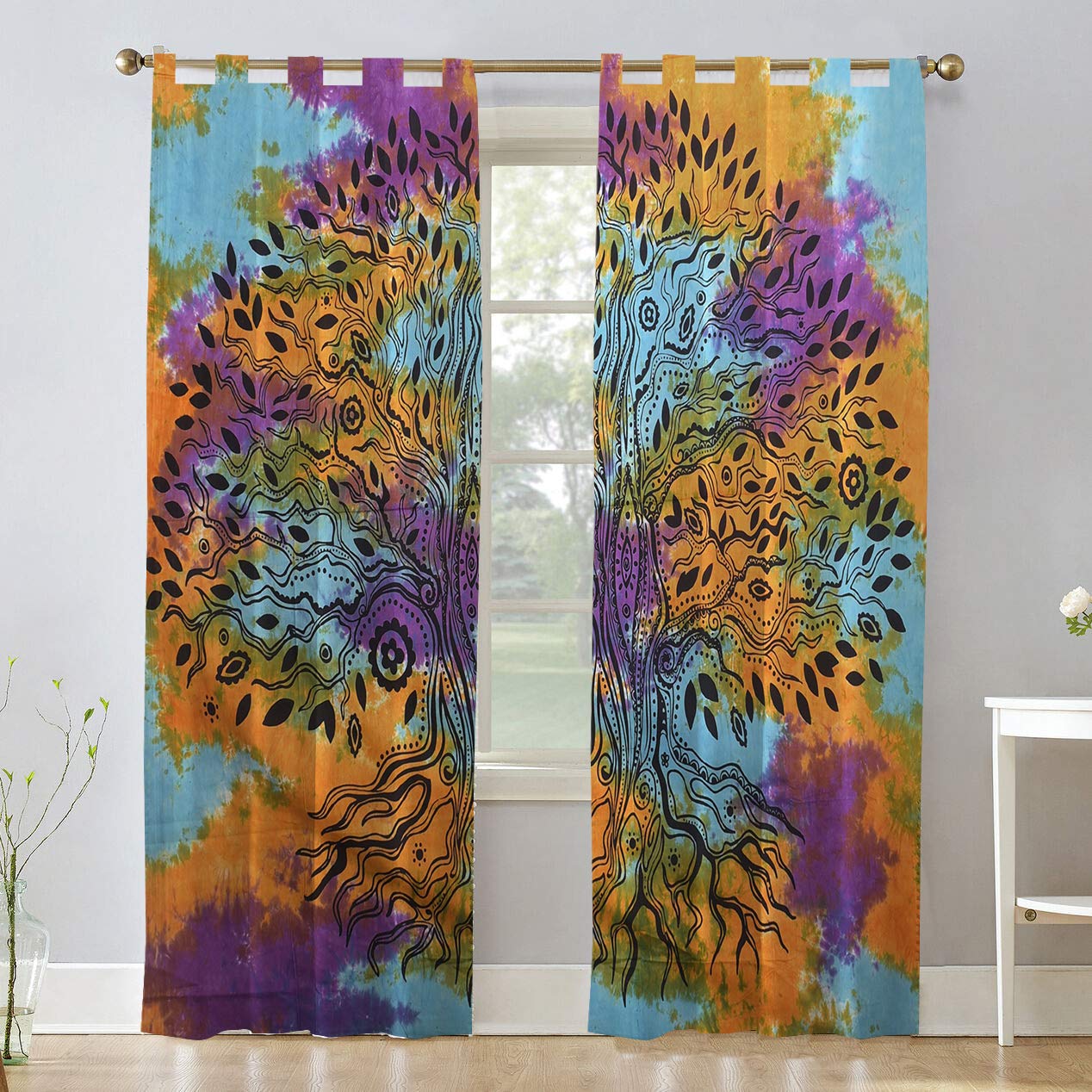 Tende A Pannello Mandala Indiano - 2 Pezzi 208x104 Cm - Cotone Stampato A Mano - Stile Bohémien Etnico - Con Passanti