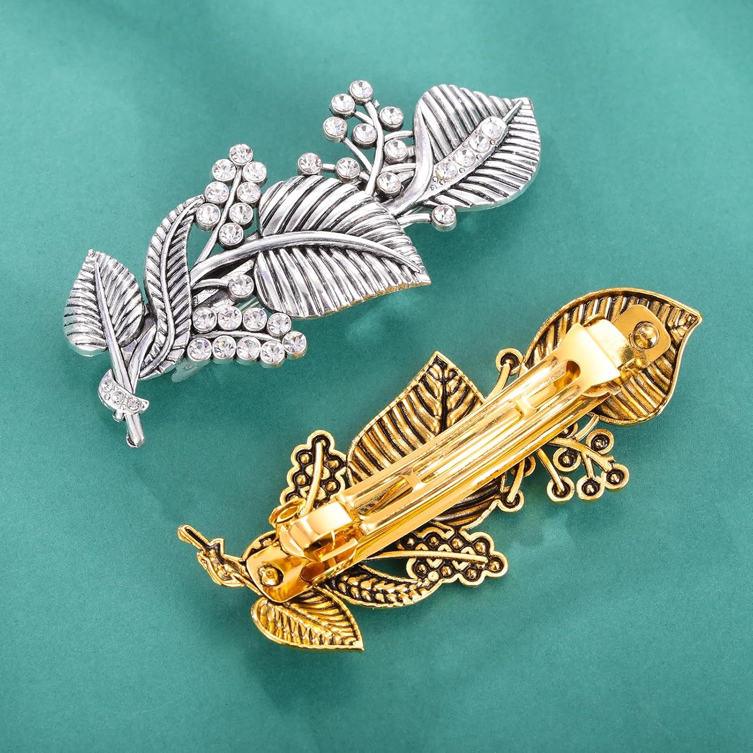 Dreamtimes Oak Leaf Hair Clip Zircon Round Hand Cast Metal Barrette Large Hand Crafted Barrette French Hair Clip Vintage Protection Hair Clip Barrettes Gift for Women Girl (GOLD)