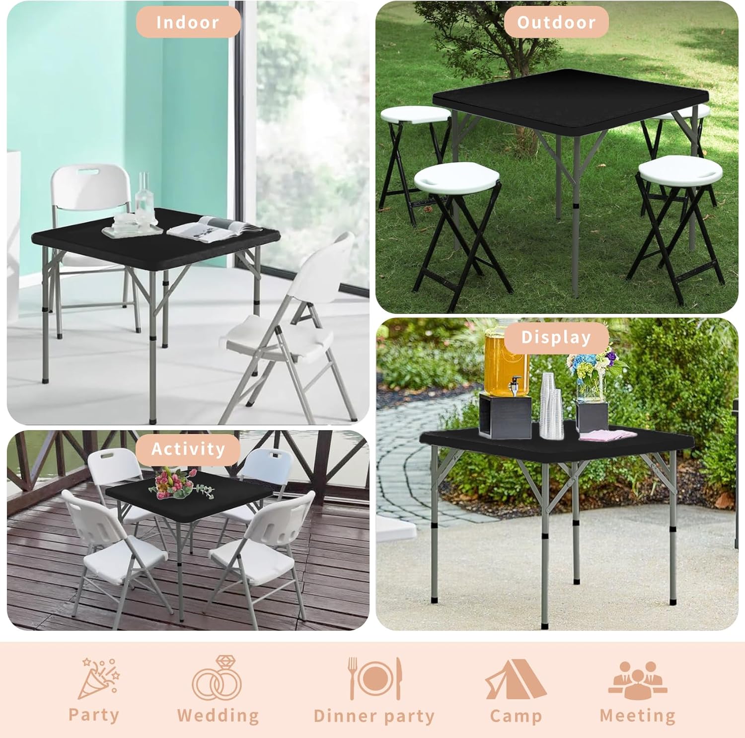 Set of 2 Square Folding Table 34in Multi-Functional Portable Folding Card Table with Carrying Handle for Indoor Outdoor Camping,Picnic, Office, Party Use HDPE Plastic Tabletop with Metal Frame(Black)