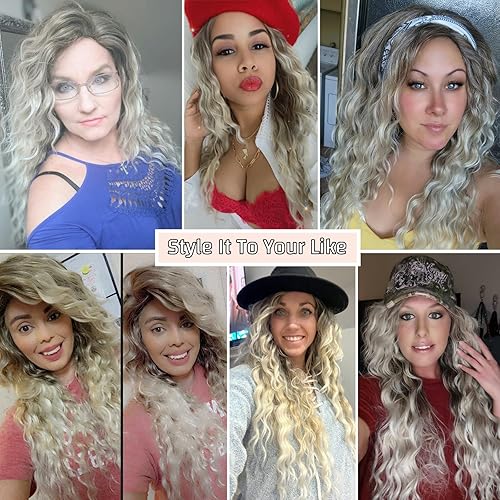 Miniatura 29 de Fencca Peluca rubia larga y ondulada para mujer, pelucas sintéticas resistentes al calor, para uso diario en fiestas Rubio degradado,Rubio