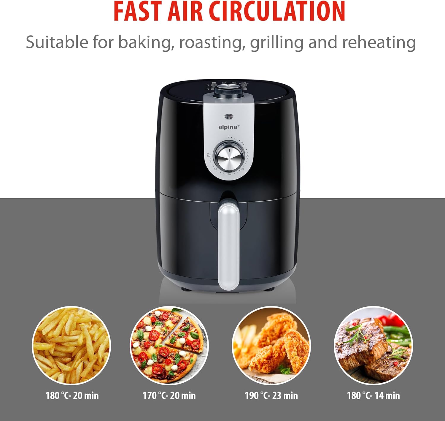 alpina 2L Air Fryer with examples of cooked food and recommended settings