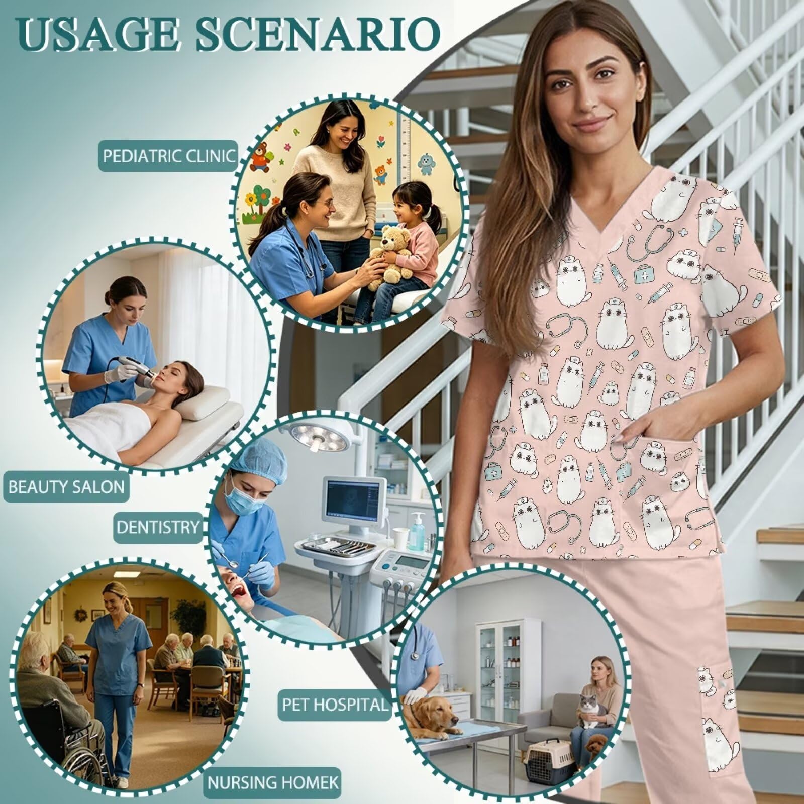 Set di scrub da donna a forma di gatto, con top e pantaloni piccoli con coulisse, per veterinari e veterinari
