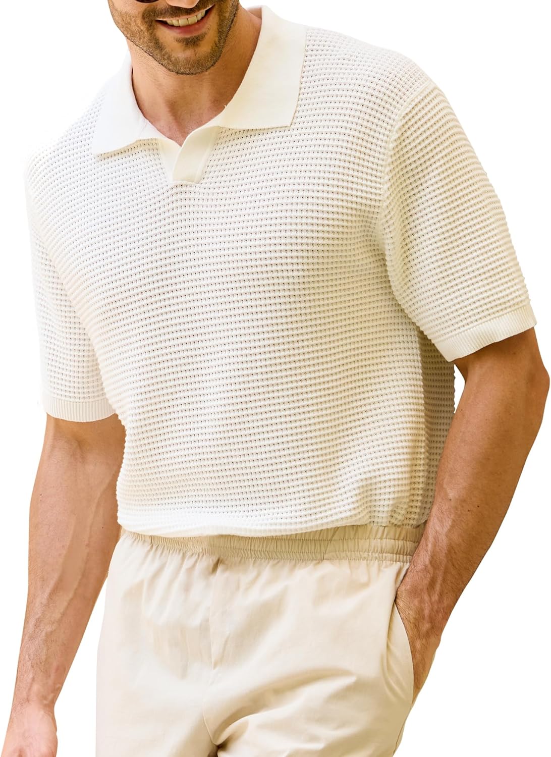 Kallspin Mens Polo Shirts Knit Textured Short Sleeve Cotton T Shirt Casual Summer Beach Top Collared Golf Shirts